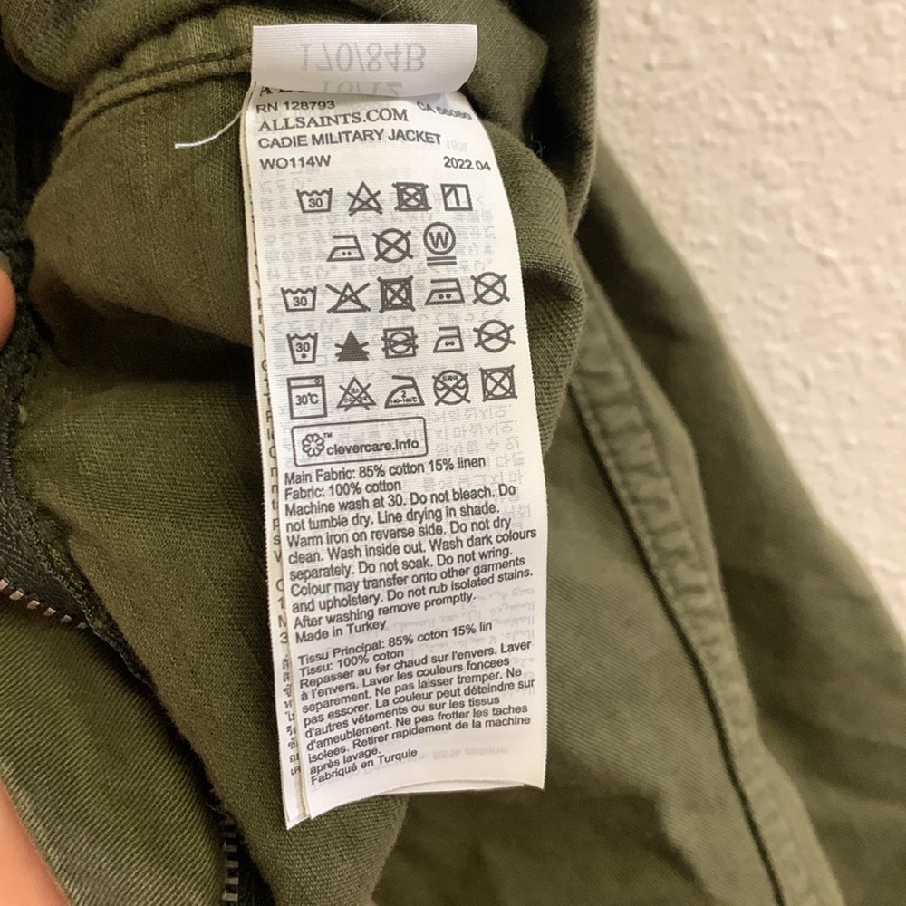 NWT All Saints Cadie Military Jacket in Khaki Green Cropped Linen Jacket Size 12 - Picture 5 of 8